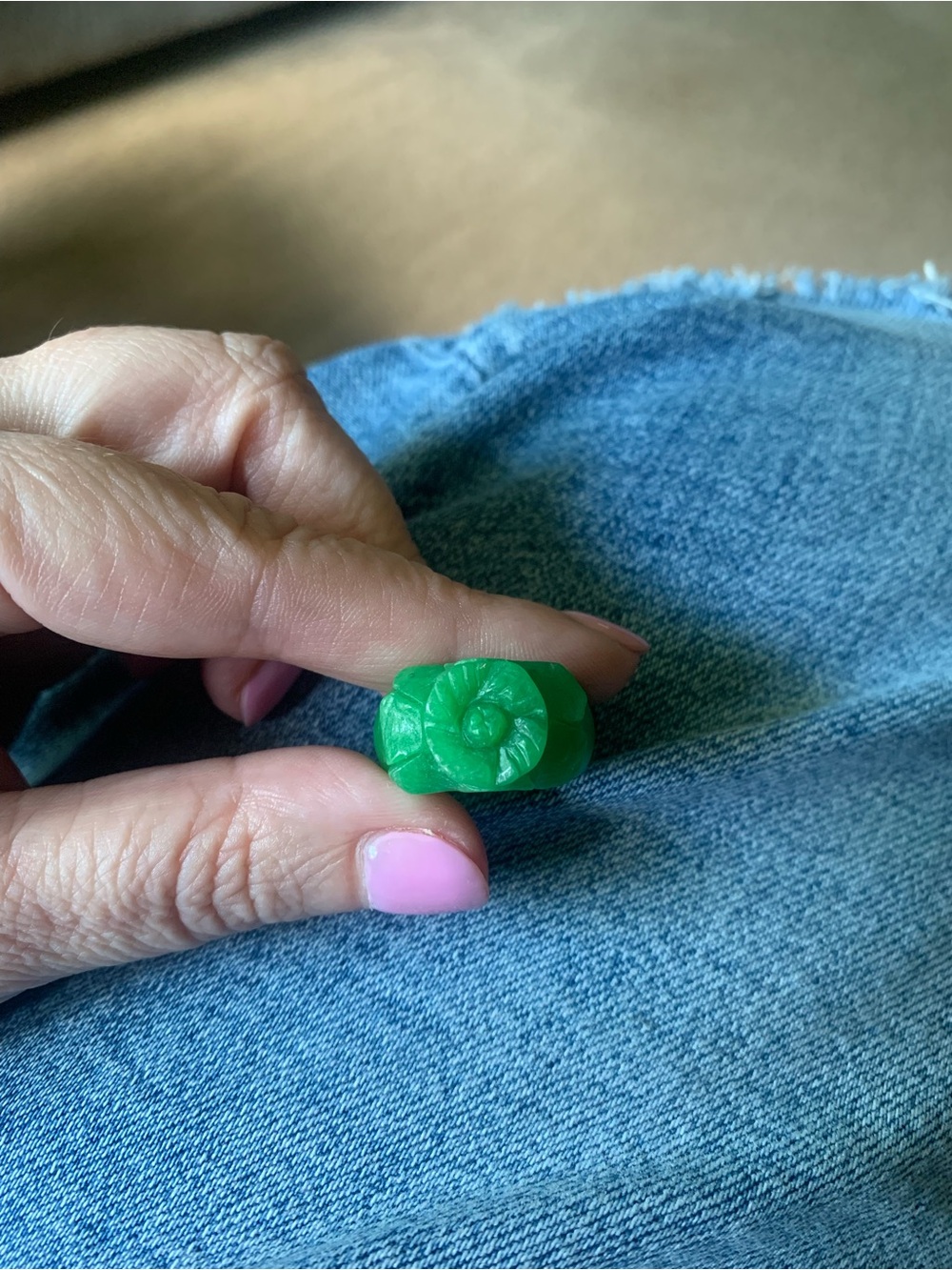 Green Hand Carved Jade Flower Ring